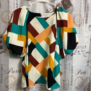 Nine West Multicolor Geometric Puff Sleeve Blouse